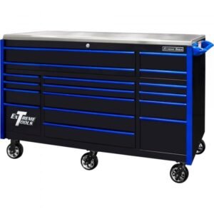 Extreme Tools EX7217RCQBKBL EXQ Professional 72" 17-Drawer Roller Cabinet, Black/Blue