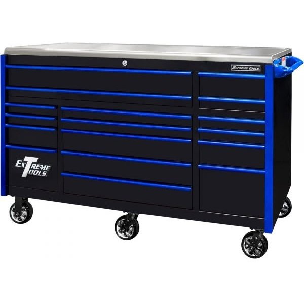 Extreme Tools EX7217RCQBKBL EXQ Professional 72" 17-Drawer Roller Cabinet, Black/Blue