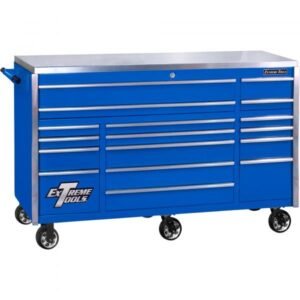 Extreme Tools EX7217RCQBLCR EXQ Professional 72" 17-Drawer Roller Cabinet, Blue/Chrome