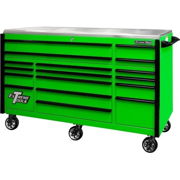 Extreme Tools EX7217RCQGNBK EXQ Professional 72" 17-Drawer Roller Cabinet, Green/Black