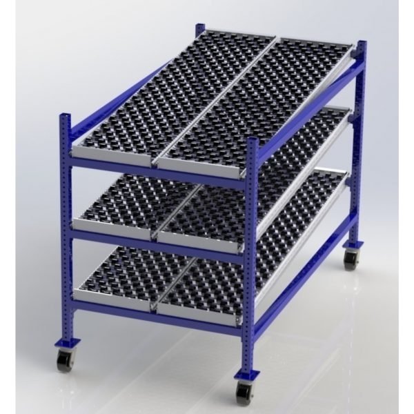 Unex MCF99SW3672 72in D Mobile Gravity Flow Skatewheel Rack (3-Tier, 36in Wide)