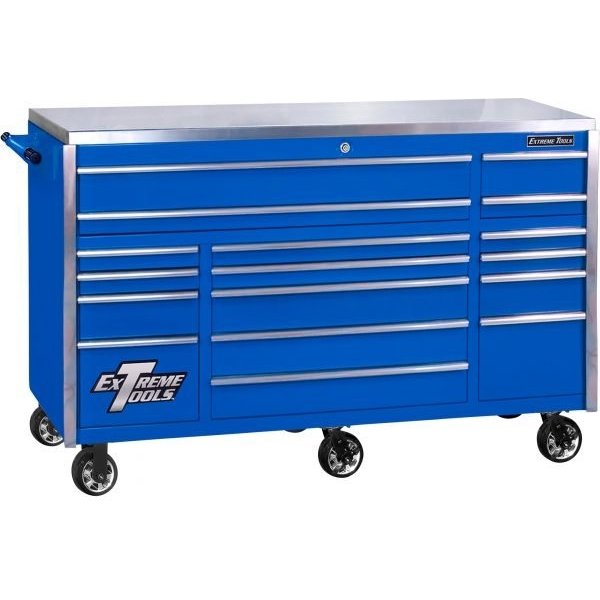 Extreme Tools EX7217RCQBLCR EXQ Professional 72" 17-Drawer Roller Cabinet, Blue/Chrome