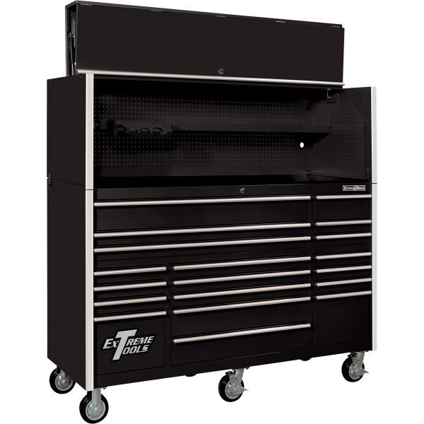 Extreme Tools RX722520HRBK Professional 72" Hutch/Roller Cabinet Combo, Black/Chrome