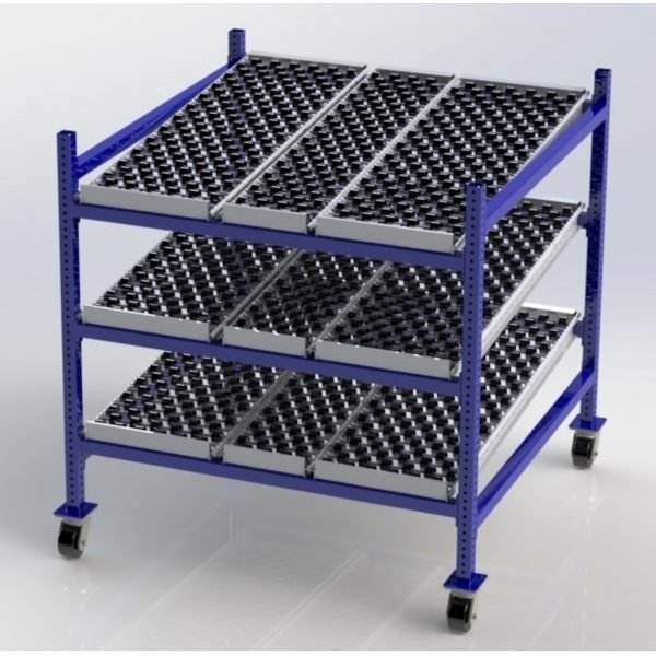 Unex MCF99SW48483 48in D Mobile Gravity Flow Skatewheel Rack (3-Tier, 48in Wide)